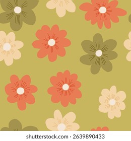 Vector simple colorful daisies on green background seamless pattern illustration. Cute minimalistic boho flat style illustration for textile, home decor, stationary, social media