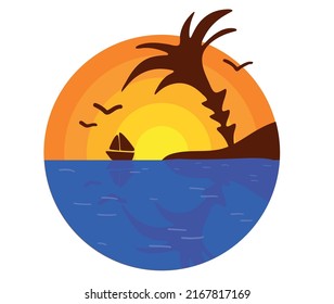 Vector simple colorful illustration: round logo, sea sunset view
