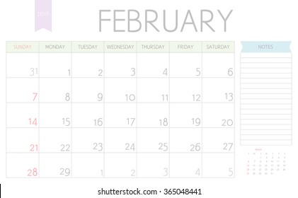 Vector simple colorful planning calendar February 2016 with a place for notes. Weeks start on Sunday