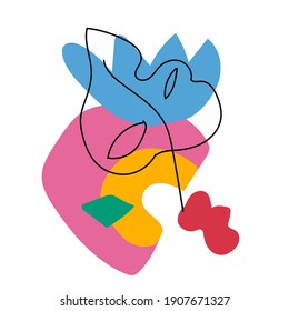 Vector simple composition of monsters and shapes in trendy colors.Abstract poster with tropical leaf and bright green,pink,orange,yellow spots.Design for social media,web,packaging,prints. 