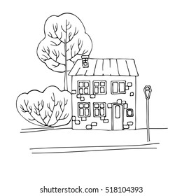 vector simple contour of small house and trees