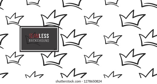Vector simple crown seamless pattern background. Black outline hand drawn crown illustrations. Simple fashionable backdrop for invitation and wedding decoration design.
