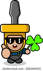 vector simple lindo personaje de caricatura destornillador doodle mascota disfraz sostiene tres trébol de hojas