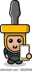 vector simple cute cartoon character screwdriver doodle mascot costume holding cell phone