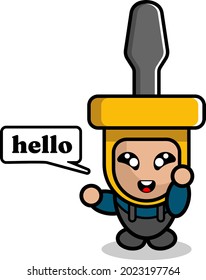 vector simple cute cartoon character screwdriver doodle mascot costume say hello
