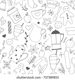 vector simple cute christmas pattern, tea party, gingerbread, tea pot and teapot. linear skate