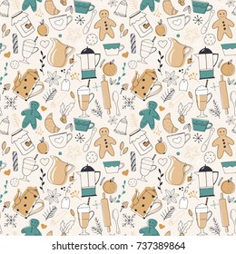 vector simple cute christmas pattern, tea party, gingerbread man, brewer and kettle. linear skate