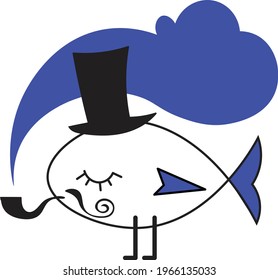 vector simple cute flat cartoon illustration fish with legs smoking pipe darwin evolution symbol sticker