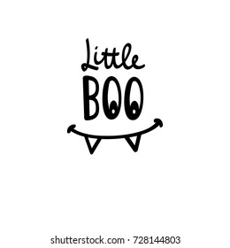 Vector simple cute illustration Little BOO. Halloween design. Baby emblem with monster smile. Fabric textile print