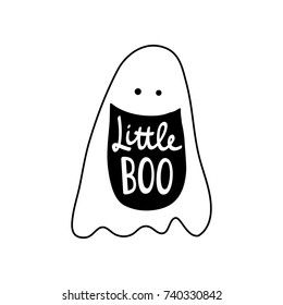 Vector simple cute illustration Little BOO. Halloween design. Baby emblem with smiling cast. Fabric textile print