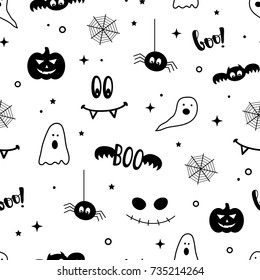 Vector simple cute seamless background. Halloween design. Kids pattern wirh monster smile, ghoul, spider, bat. Fabric textile print. Black and white color