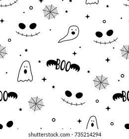 Vector simple cute seamless background for Halloween. Kids pattern wirh monster smile, ghoul, bat. Fabric textile print. Black and white color