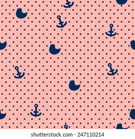 Vector simple cute seamless pattern with small dark blue rounds, birds and anchors on light rose background.