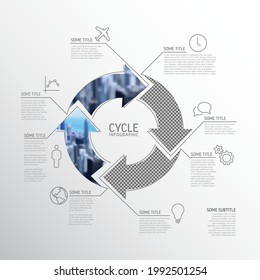 Vector Simple cycle infographic template with photo placeholders. Business company overview profile with four photos in arrows circle and some descriptions. 