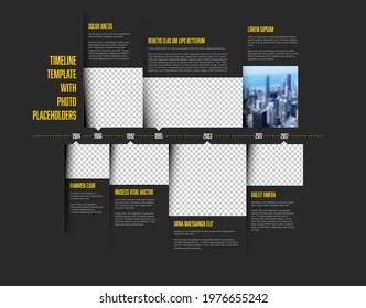 Plantilla de línea de tiempo de infografía oscura simple vectorial con marcadores de posición de foto rectangular y acento amarillo. Perfil general de la línea de tiempo de la empresa comercial con fotos y bloques de texto. 