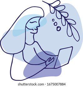 Vector simple design woman avatars. Call center workers. Business talk. Helpdesk. Woman talking on the microphone and headphones. Consultants. Office life. Woman at work. Blue colors, flat design.