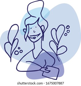 Vector simple design woman avatars. Call center workers. Business talk. Helpdesk. Woman talking on the microphone and headphones. Consultants. Office life. Woman at work. Blue colors, flat design.