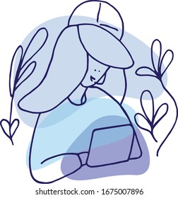Vector de diseño simple avatares. Trabajadores del centro de llamadas. Conversaciones de negocios. Servicio de asistencia. Mujer hablando en el micrófono y los auriculares. Consultores. Vida en la oficina. Mujer trabajando. Color azul, diseño plano.