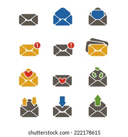 Vector simple designed colorful flat email message icons set with different envelopes isolated on white