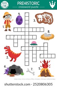 Vector simple crucigrama de dinosaurio para niños. Dino land quiz para niños. Actividad educativa con paleontólogo, esqueleto, volcán, huevo, cueva, hueso, nido. Crucigrama prehistórico lindo
