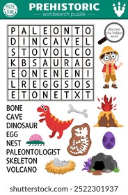 Vector simple dinosaurio wordsearch rompecabezas para niños. Búsqueda de palabras dino land quiz. Actividad educativa con paleontólogo, esqueleto, volcán, huevo, cueva, hueso, nido. Crucigrama con escena prehistórica