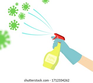 Vector de un simple pulverizador desinfectante y guantes protectores. resistencia contra virus y bacterias. diseño de estilo plano