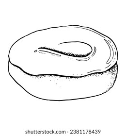 Vector simple donut with glaze hand drawn black and white graphic illustration. Side view, for bakery and cafe