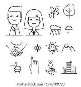Vector simple doodle icons. Pictograms with people, about nature, business