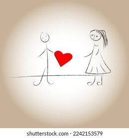 Vector simple doodle illustration of a man giving his loving heart to a woman