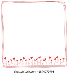 Vector - Simple doodle red border with many tree hearts on white background. Square shape. Cartoon, minimal style. Copy space.