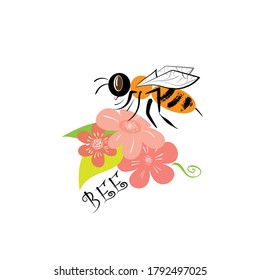 Vector simple drawing of a bee collecting pollen on flowers. Illustration in the style of a sketch of a honeybee in flight over a flower.