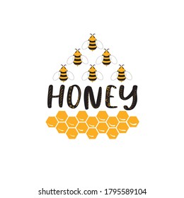 Vector simple drawing of a bee collecting pollen on flowers. Illustration in the style of a sketch of a honeybee in flight over a flower.