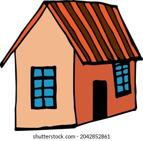 Vector simple drawing of a house. Small house with roof windows and a door.