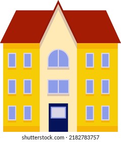 Dibujo vectorial simple de una casa. Casa amarilla con techo marrón y ventanas azules. Edificio de tres plantas.