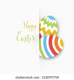 Vector simple easter card template with decorated easter eggs cut from the paper in the paper fold with realistic shadow and place for Happy Easter card text