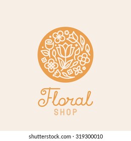 Vector simple and elegant logo design template in trendy linear style - emblem for floral shops or studios, wedding florists, creators of custom floral arrangements - circle with flowers and leaves