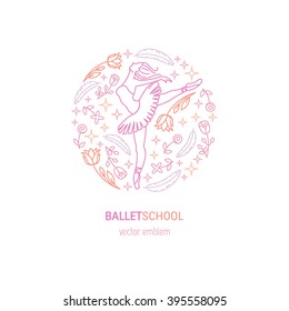 Vector simple and elegant logo design template in trendy linear style - emblem for ballet school or studio, dance studio, performance with ballerina and flower.