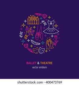 Vector simple and elegant logo design template in trendy linear style - emblem for ballet performance, ballet school or studio, theatre, with ballet shoes, ballet tutu, theater, applause, bouquet.