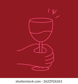 Vector Simple Element of Hand Holding Wine Glasses. Celebration, Holiday and Party Time. Minimal Linear Handwritten Design for Decorative Artwork of Menu, Restaurant, Posters, Banners