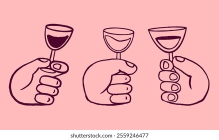 Vector Simple Elements of Hands Holding Wine Glasses. Celebration, Holiday and Party Time. Minimal Linear Handwritten Design - part 2