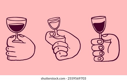 Vector Simple Elements of Hands Holding Wine Glasses. Celebration, Holiday and Party Time. Minimal Linear Handwritten Design - part 2