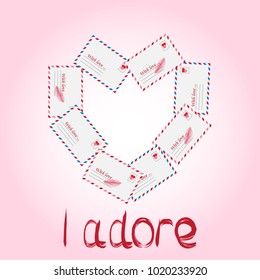 Vector simple envelope with valentine card inside. Illustration of a mail stamp with the image of the heart on the envelope with kiss, text I adore. For design on Valentines Day or wedding printing