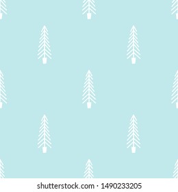 Vector simple fir tree blue seamless pattern in modern scandinavian design. Can be used as background, textile, wrapping for winter holidays, kids products: New Year, Christmas.