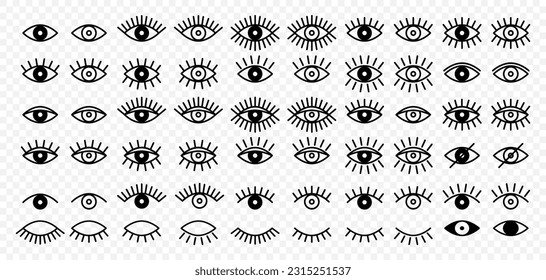 Vector Simple Flat Black and White Outline Evil Eye Icons. Linear Open, Closed Eyes Images, Sleeping Eye Shapes with Eyelash, Supervision and Searching Signs, Observation and Search Marks Collection