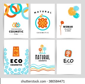 Vector simple flat card, leaflet, with organic cosmetic logo. Minimalistic icon, logo design. Beauty industry company insignia, yoga, woman, kid care brand mark, natural cosmetic store, shop logotype.