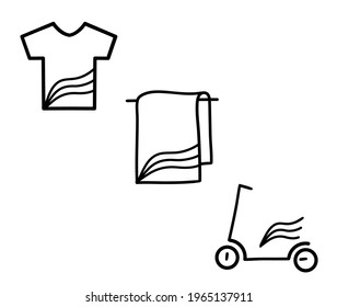 Vector simple flat collection icons,  sport set: t-shirt, towel, scooter black and white