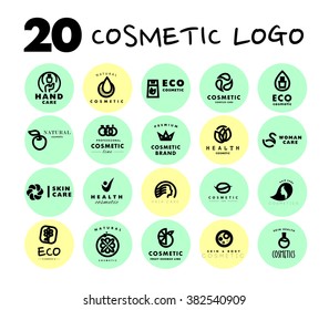 Vector simple flat cosmetic logo template collection. Minimalistic icon and logo design. Beauty industry company insignia, woman and kid care brand mark design, cosmetic store and shop logotype.