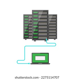 Vector simple flat design of laptop computer connect by console cable to the server rack, network configuration and datacenter setting, networking and information technology concept white background