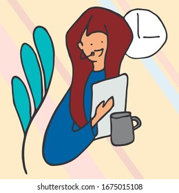 Vector simple flat design woman avatar. Call center workers. Business talk. Helpdesk. Smiling woman talking on microphone and headphone. Consultant colorful pictures. Office life. Woman at work.