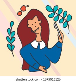 Vector simple de diseño plano avatar mujer. Trabajadores del centro de llamadas. Conversaciones de negocios. Servicio de asistencia. Mujer sonriente hablando con micrófono y auriculares. Fotografías coloridas de consultores. Vida en la oficina. Mujer trabajando.